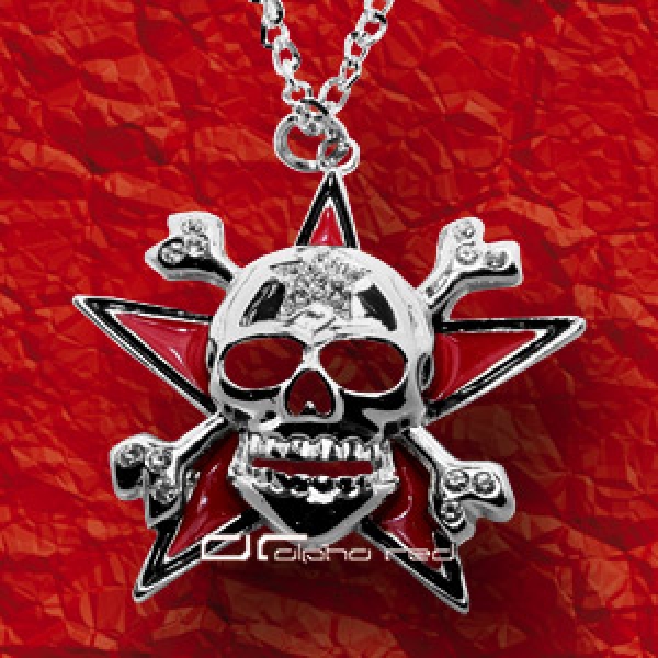 Piercing  alpha red - »»» TOTENKOPF KETTE MIT Pentagram STERN und  Kristallen 7090