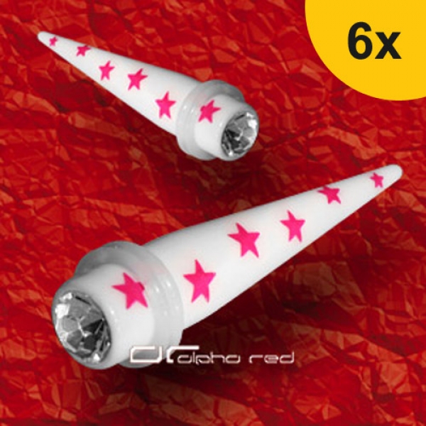 »»» 6er DEHNUNGSSET WHITE ACRYL EXPANDER STERNE KRISTALL weiß pink 3-10 mm 8610