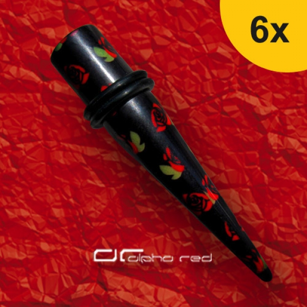 »»» 6er DEHNUNGSSET ROSE FLOWER EXPANDER OHRPIERCING schwarz-rot 3-10 mm 8616